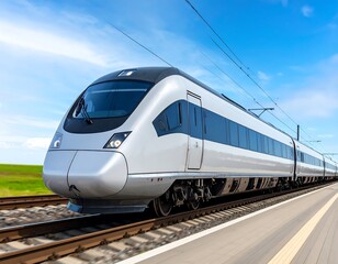 Naklejka premium High-speed train on tracks, sunny day