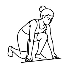Athletic woman crouching in ready sprint pose outline vector drawing