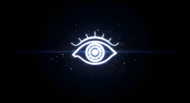 Glowing stylized eye emblem with light rays and sparkles on a dark background.
