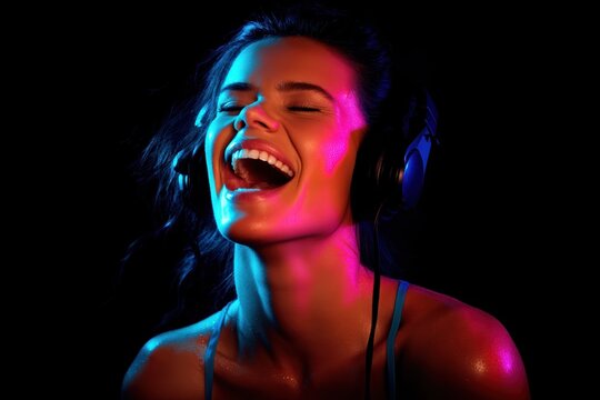 A joyful woman with glowing skin listens to music on headphones, laughing under vibrant neon lights against a dark background - Powered by Adobe