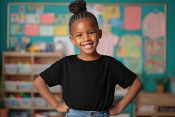 Happy diverse young African American girl with braided hair in a classroom smiling confidently with hands on hips in a colorful educational setting