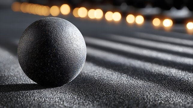 Dark gray sphere on a textured surface with blurred lights.