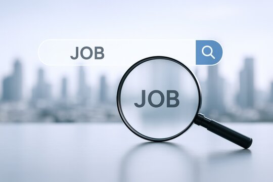 Modern digital job search concept with magnifying glass focusing on the word job with cityscape background in daylight - Powered by Adobe