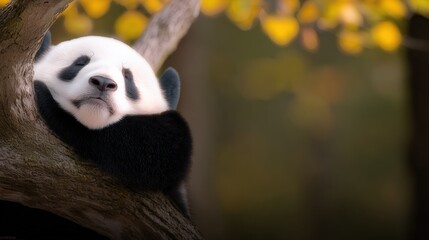 Obraz premium Adorable Giant Panda with distinctive black and white fur resting comfortably on a tree branch in a natural forest setting du daytime