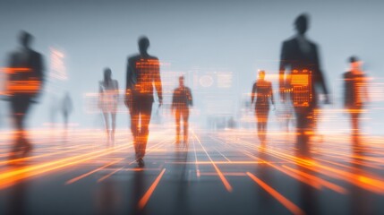 Futuristic Digital Business People in a Networked Cityscape with Glowing Data Overlays and Motion Blur Effect in a Technology-Driven Environment