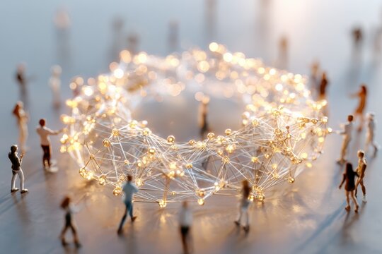 Abstract representation of connections and networks featuring miniature figures interacting with glowing lights in a circular pattern symbolizing unity and collaboration