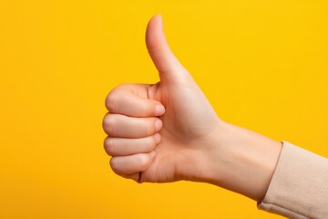 A hand giving a thumbs up gesture against a vibrant yellow background, symbolizing approval, positivity, and encouragement