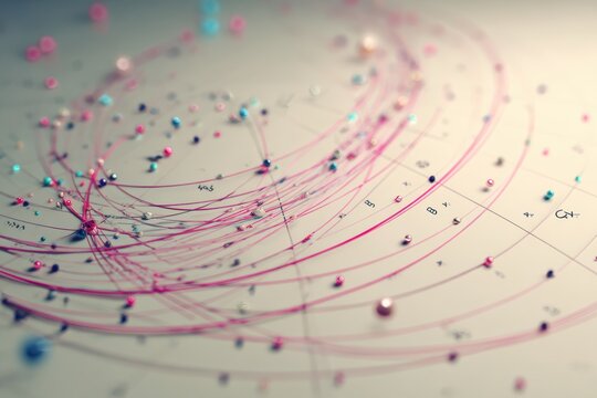 Abstract representation of mathematical and scientific concepts featuring colorful paths, points, and intricate curves on a textured background for creative projects and educational materials.