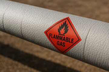 Power Production Hydrocarbon concept. Warning label on a pipe indicating flammable gas hazard.