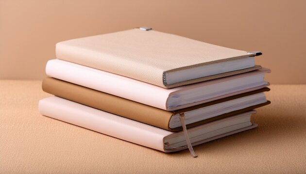 stack of neutral colored notebooks on beige surface