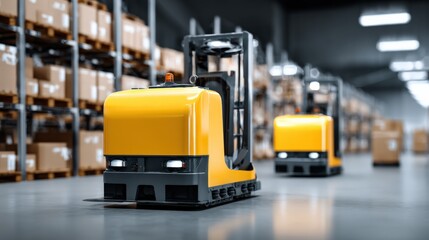 Modern Automated Warehouse with Yellow Autonomous Delivery Robots Moving Through A Spacious Storage Facility with Shelving Units