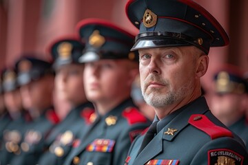 A serious, focused middle-aged male officer with a beard stands in formation. His dark dress uniform with red accents and a formal hat signifies his experience, authority, and dedication to service