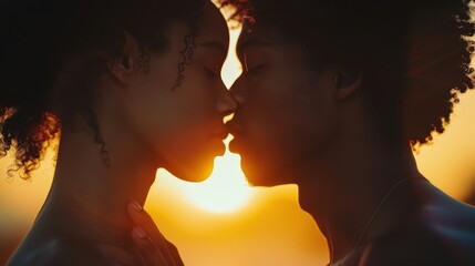 A romantic and intimate close-up silhouette of a young Black couple about to kiss. The warm, golden light of the setting sun creates a tender and passionate atmosphere