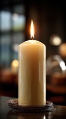 Close-up of a tall elegant beige pillar candle with a glowing flame on a rustic dark wooden surface in warm indoor setting with blurred background and cozy ambiance