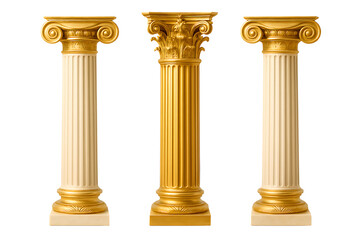 Set of greek ionic and corinthian columns with golden bases and ornate capitals for classical architectural decoration isolated on transparent background