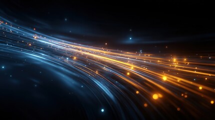 High speed abstract light trails with glowing particles and bokeh effects in motion for futuristic technology and digital data visualization