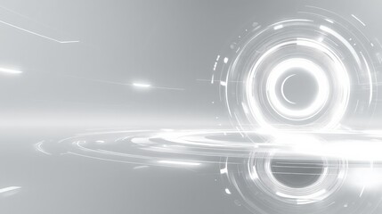Futuristic high-tech circular interface with glowing light effects and digital technology elements on a sleek gray background