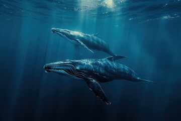 Fototapeta premium A serene underwater scene of a massive mother blue whale and her calf swimming peacefully in the deep blue ocean. Sun rays pierce the water, illuminating their majestic forms