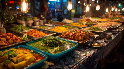 Fototapeta premium Colorful Street Food Market Display with Dishes and Ingredients at Night in Vibrant Atmosphere