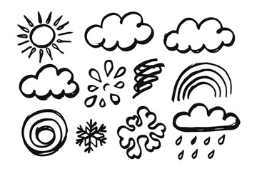 Weather Icons: A collection of hand-drawn weather icons, including the sun, clouds, rain, snow, and rainbow. conveying the diverse elements and moods of weather. 