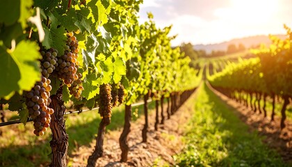 Fototapeta premium Vineyard at sunset. Lush rows of grapes
