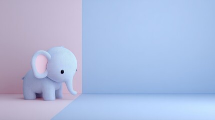 Cute plush elephant toy with large floppy ears and black button eyes on pastel pink and blue background for children and decoration