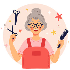 Elderly hairdresser with scissors. Senior stylist at work. Mature woman cutting hair. Experienced barber in action. Elderly set