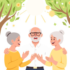 Active elderly in sunlight. Happy senior enjoying fresh air. Elderly person in warm sunshine. Older adult walking in morning light. Elderly set