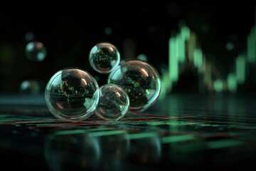 Futuristic digital abstract with transparent glass spheres and glowing green financial data chart on dark background