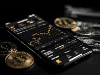 Mobile phone displaying cryptocurrency market data and financial charts with coins in the background on a dark surface