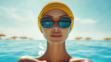 Fototapeta premium Woman in yellow turban and sunglasses by pool