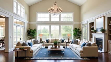 Spacious living room with large windows and a cozy fireplace.