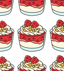 Seamless Pattern of Raspberry Cream Dessert Cups with Raspberry Toppings 