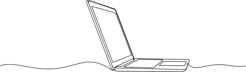 A simple continuous line drawing of an open laptop on a white background in a minimalist style