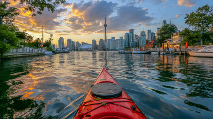 As twilight sets in, a kayaker navigates the calm waters of a city river, surrounded by an enchanting skyline bathed in warm colors and vibrant reflections, inviting an adventurous evening
