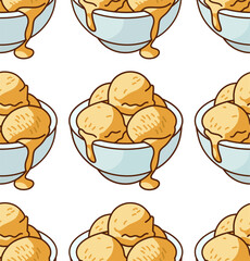 Seamless Pattern of Vanilla Ice Cream Scoops with Caramel Topping in Blue Bowls