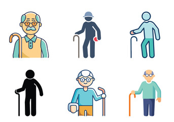 Different Cartoon Illustrations of Senior Citizens with Walkers, Showing Varied Styles