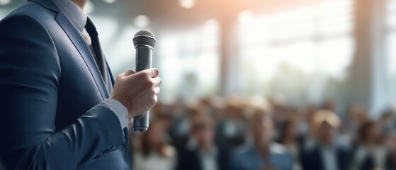 The speaker holding a microphone engages an attentive audience during a vibrant presentation.