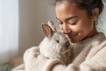 Naklejka premium Young Woman Smiling Holding a Fluffy Rabbit with Glitter in a Beige Wool Sweater