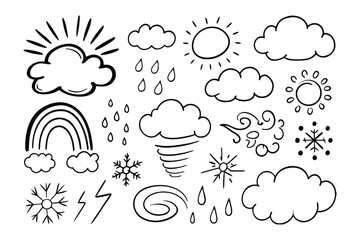 Weather Icons: Simple hand-drawn weather icons featuring sun, clouds, rain, snow, and rainbow. a perfect graphic resource for your design