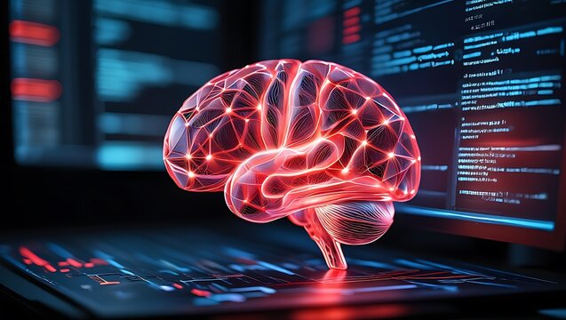 Glowing red digital brain with neural network connections on a keyboard with code in the background