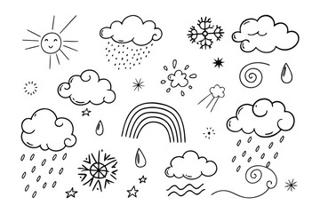 Hand-drawn weather illustration: A whimsical collection of weather elements, including the sun, rain, clouds, snowflakes, rainbow, and stars. Capturing the essence of nature in a simple.