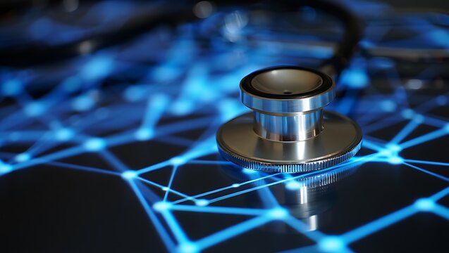 Modern medical stethoscope on a glowing blue digital network grid representing healthcare technology and innovation