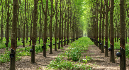 Rubber Plantation's Tranquility Rows of Trees & Peaceful Atmosphere. Serene view of symmetrical Rubber Plantation