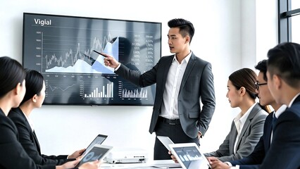 Young businessman pointing at monitor showing graphs and financial data, leading a presentation to a group of colleagues holding tablets, analyzing company performance and market trends