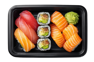 Sushi platter in black takeout container.  Assortment of nigiri, maki, and sashimi