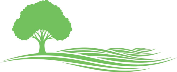 A minimalist illustration of a green tree on a hill with wavy lines on a white background
