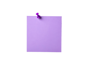 Purple note pinned up reminder message board notice stationery blank on transparent background