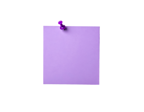 Purple note pinned up reminder message board notice stationery blank on transparent background