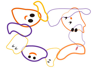 カラフルな、おばけたちのシルエット・白背景・顔つき・少し消えそう